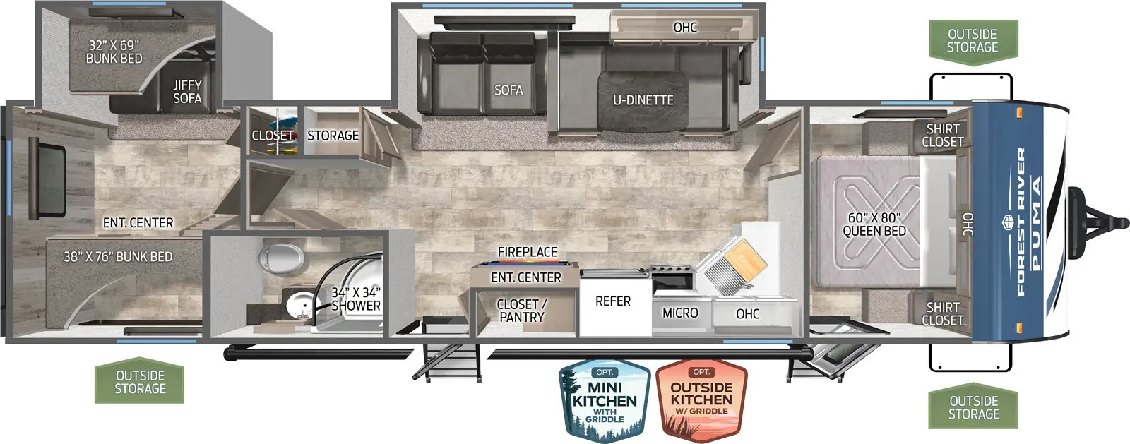 The Puma 31QBBH floorplan has two entries and two slide outs. Exterior features include: metal exterior, 21' awning and outside kitchen. Interiors features include: bunk beds, u-dinette and front bedroom.